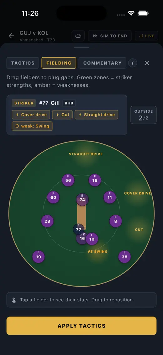 The fielding editor with draggable fielders and the batter's strong and weak scoring zones shaded on the ground.