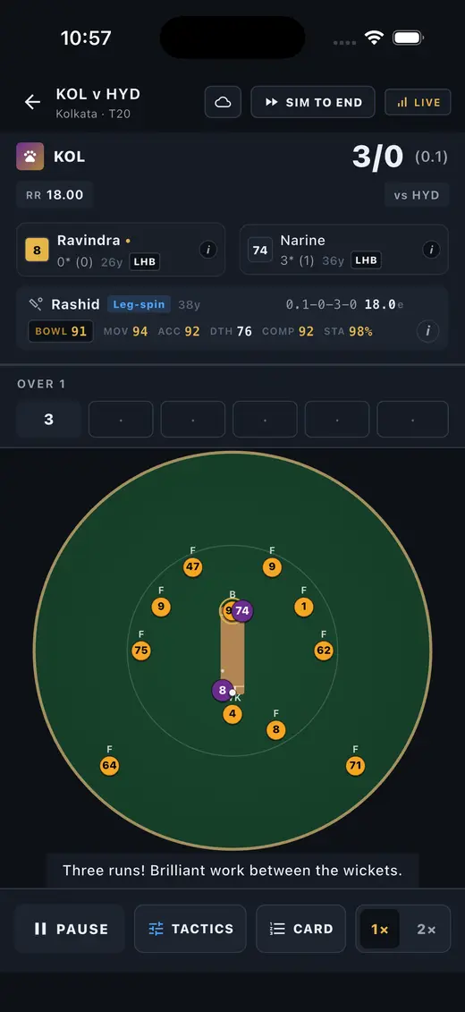 A live T20 over: the score, the bowler's ratings, the over strip and nine fielders on the field.