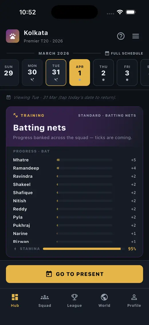 A batting nets session showing per player progress bars and the attribute gains it produced.